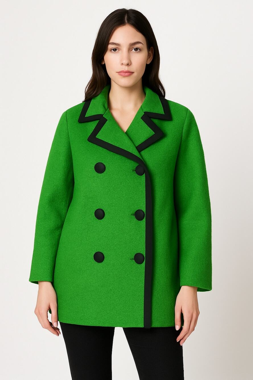 1960s Joseph Heim Agnes Whitmore Green Boucle Mod Wool Coat black trim Medium